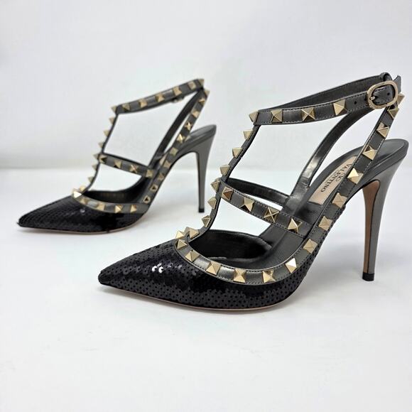 Valentino Rockstud Studded Sequin Caged T Strap Pumps IT 37 US 7 Black - Picture 8 of 15